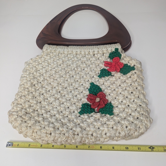 Handcrafted Creme Colored Crochet/ Macrame Bag  with Lucite Handles - Picture 10 of 11